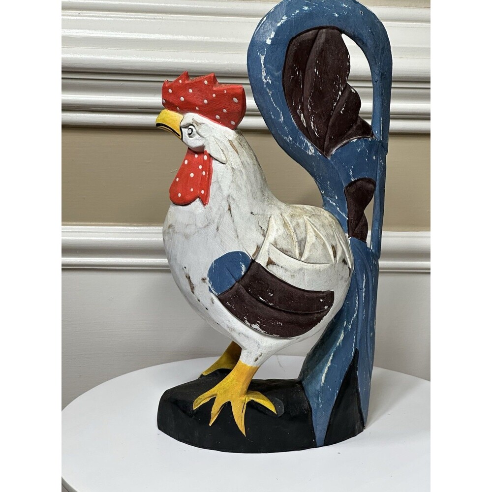 Vtg Rooster Chicken Rustic Primitive Hand Carved & Painted Granny Cottage Core